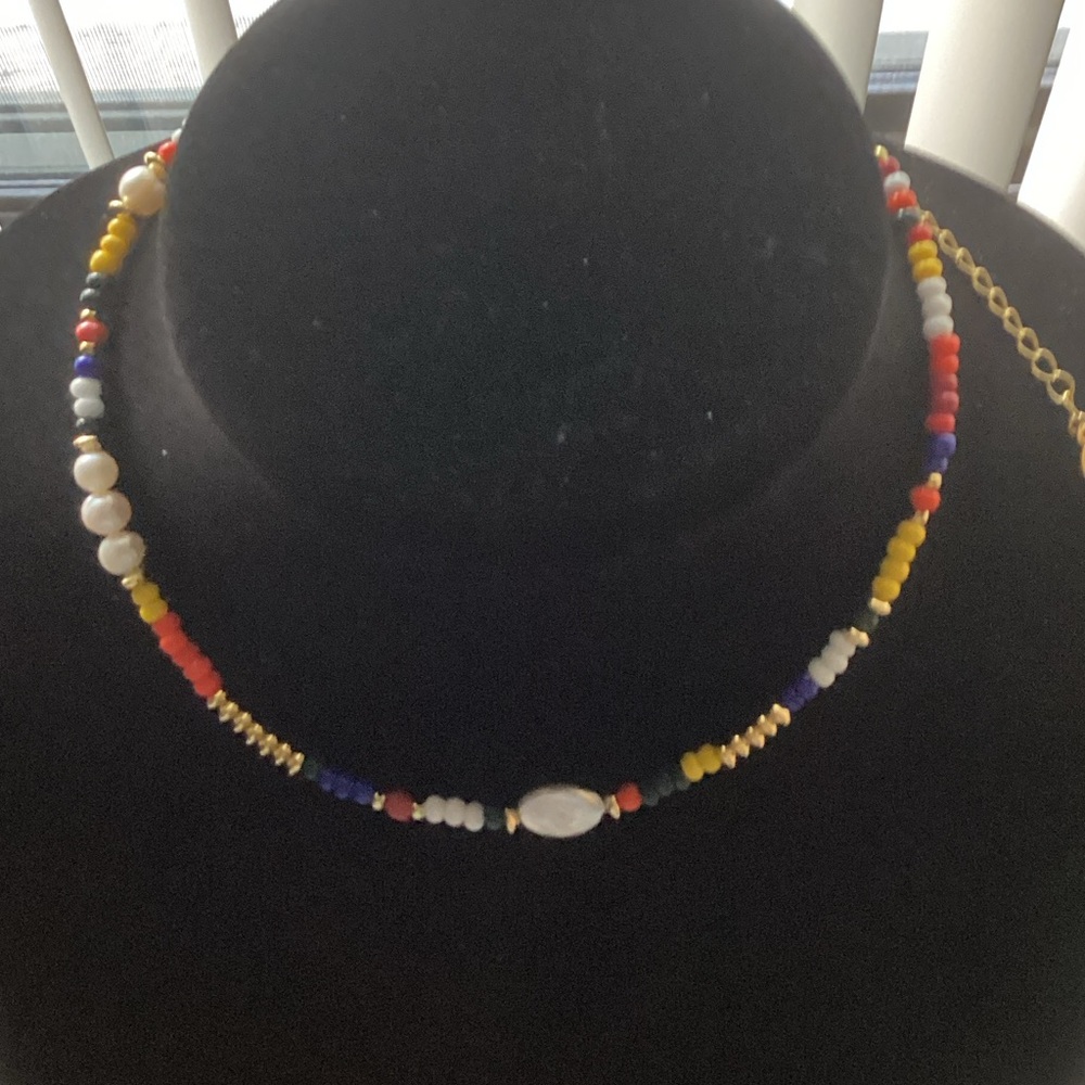 Handmade Multicolor Beaded Choker Necklace with Gold Accents